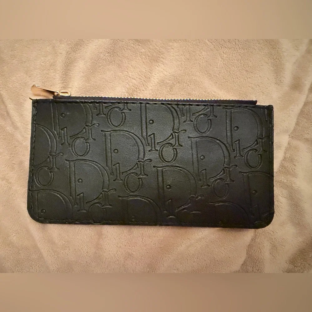 Dior Black Embossed Zip Pouch with Gold Hardware